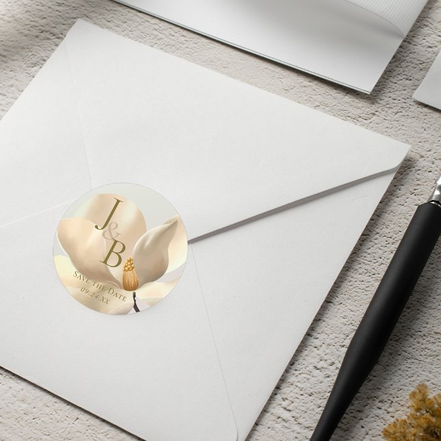 Elegant Oriental White Magnolia Save the Date Runder Aufkleber (Elegant Oriental White Magnolia Save the Date Classic Round Sticker)