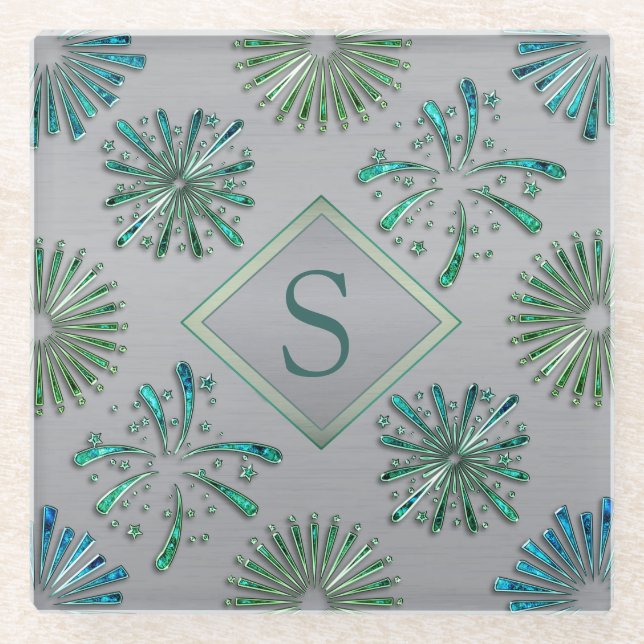 Elegant Ornate Blue Green Pattern Monogram Glasuntersetzer (Vorderseite)