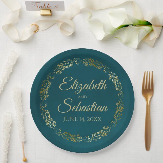 Elegant Ornate Border Dark Teal & Gold Wedding Pappteller (Hochzeit)