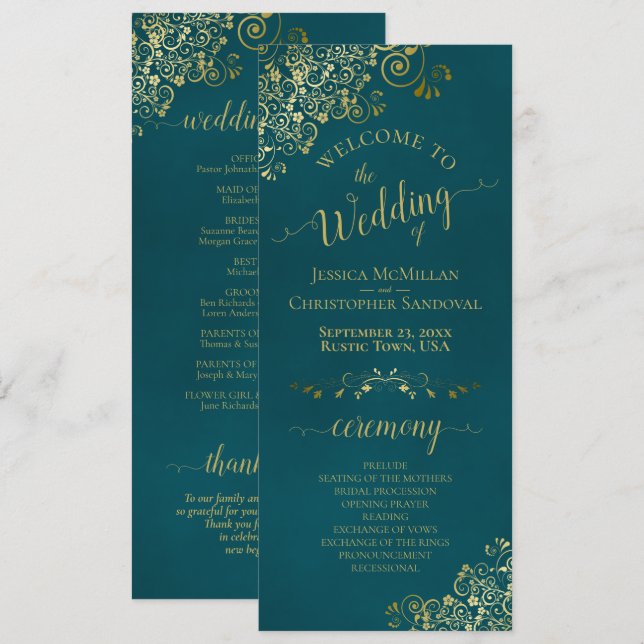 Elegant Ornate Golden Curls on Dark Teal Wedding Programm (Vorne/Hinten)