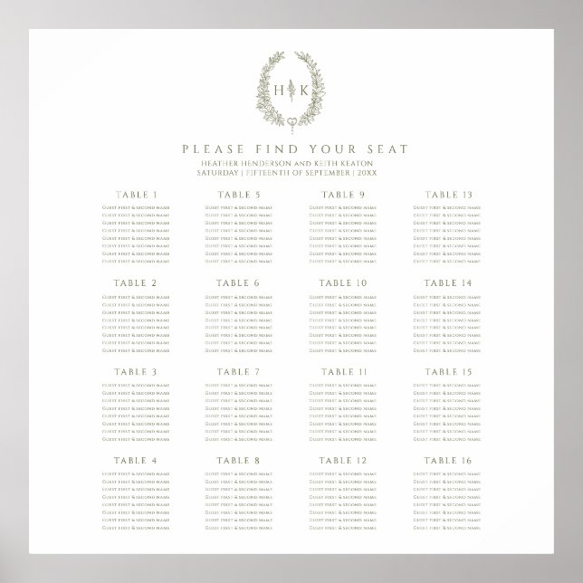 Elegant oval olive green wedding 16 tables plan poster (Vorne)