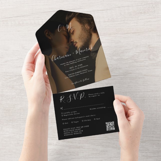 Elegant Overlay Monogram Black Wedding All In One Einladung (Abreißen)