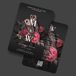 Elegant Owl Couple Gothic Wedding Dark Pink Rose Einladung
