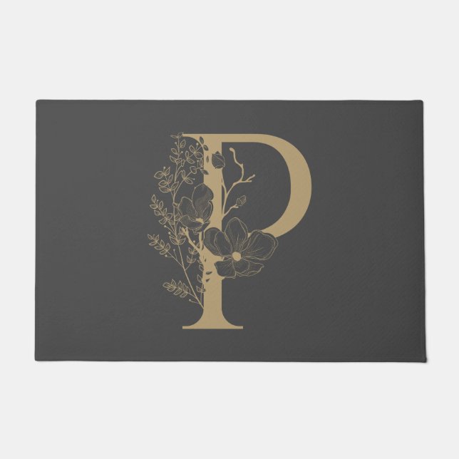 Elegant P Boho Floral Monogram Initial Gray Gold Fußmatte (Vorderseite)
