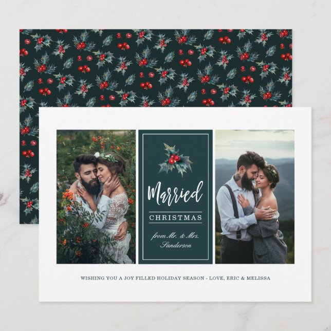 Elegant Painted Holly | VERHEIRATETES FOTO Feiertagskarte (Vorne/Hinten)