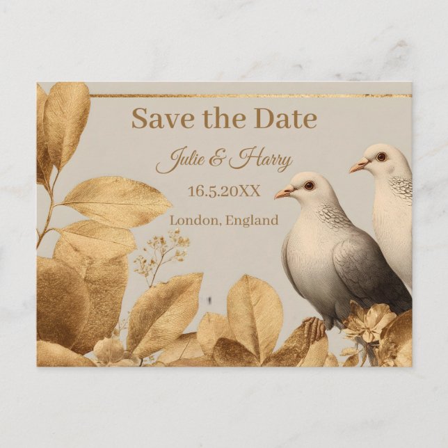 Elegant Pair of Doves with Gold Leaf Save the Date Postkarte (Vorderseite)