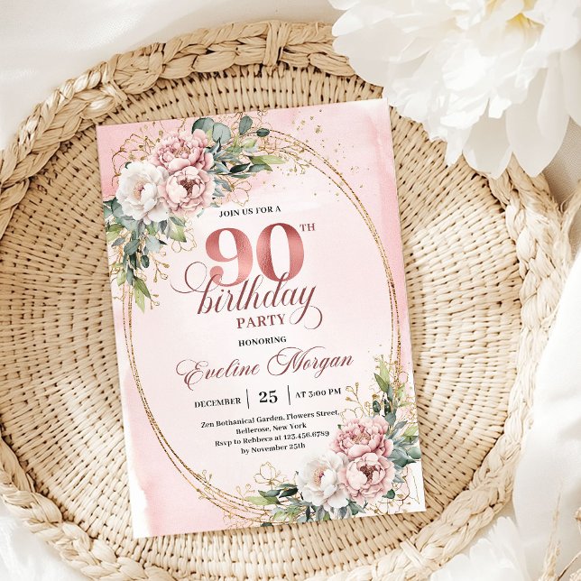 Elegant Pale Pink Gold Eucalyptus 90th Birthday  Einladung (Elegant Pale Pink Gold Eucalyptus 90th Birthday Invite)