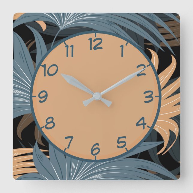 Elegant Palm Leaves Foliage Gray Beige Pattern Quadratische Wanduhr (Vorderseite)