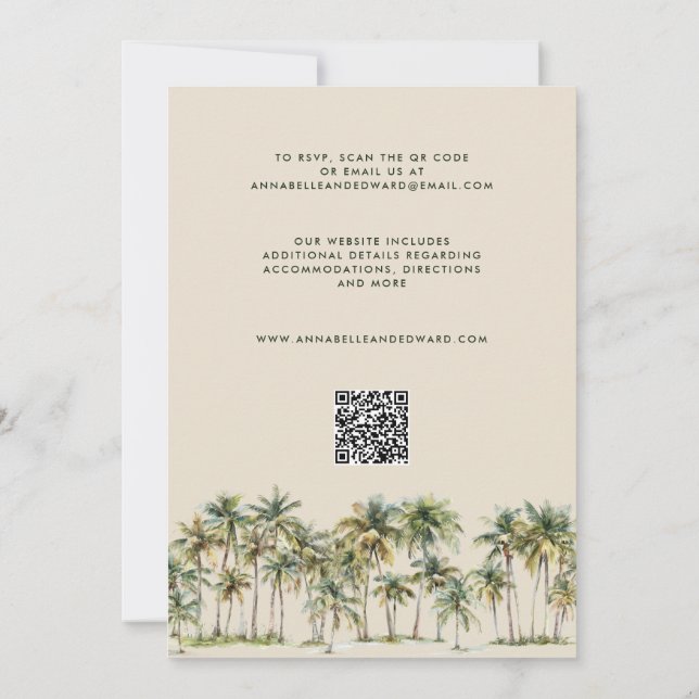 Elegant Palm Tree Wedding Invitation with QR Code Einladung (Rückseite)