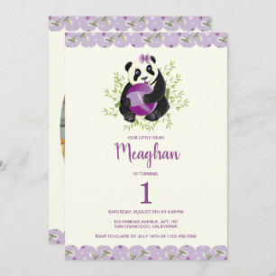 Elegant Panda Girly 1. Geburtstag Pale Lilac Ivory Einladung