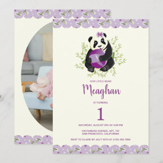 Elegant Panda Girly 1. Geburtstag Pale Lilac Ivory Einladung