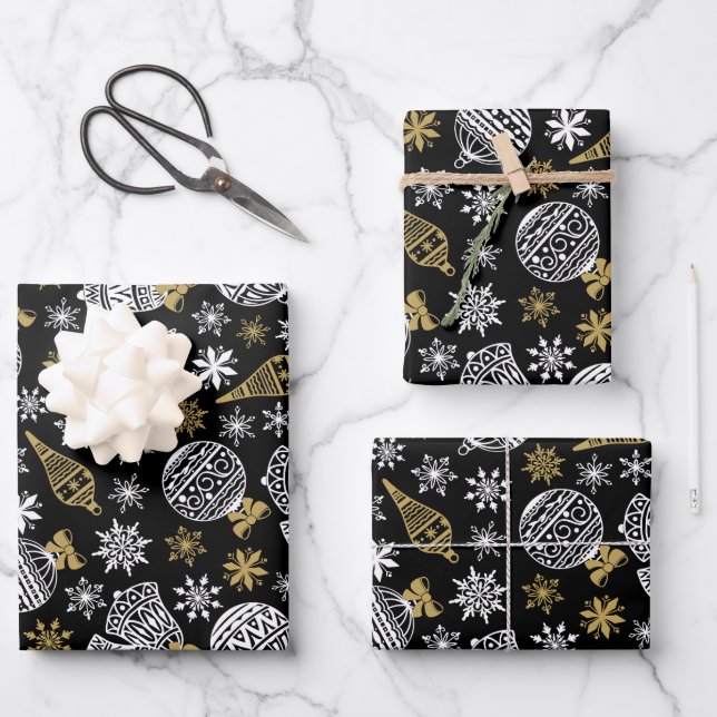 Élégant papier d'enveloppement de Noël noir et bla (Recto)