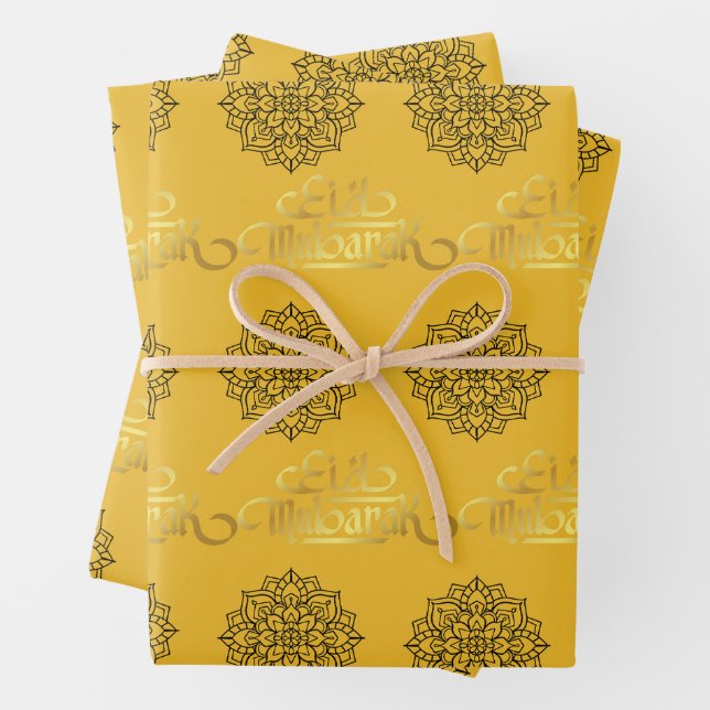 Élégant papier enveloppant Aïd_Mandala_Gold_Black (En situation)