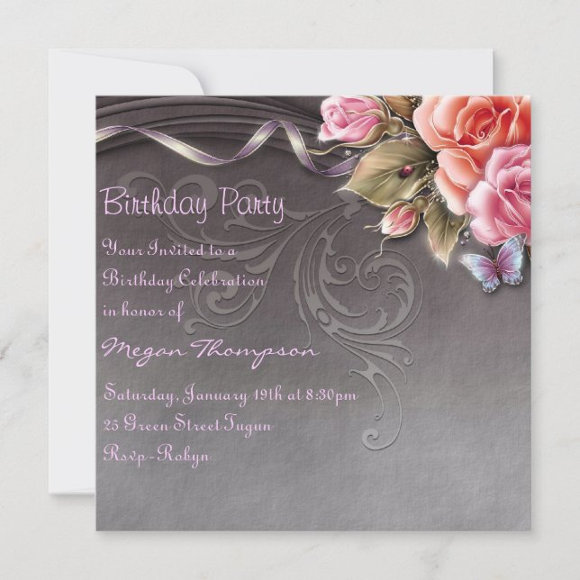 Elégant Papillon & Rose Invitation d'anniversaire (Devant)
