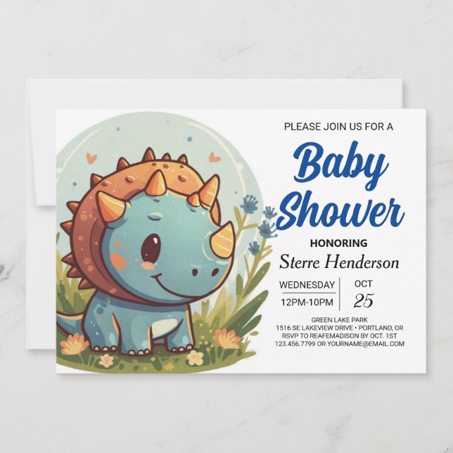 Elegant Pastel Blue Dinosaur Boy Baby Shower Einladung (Vorderseite)