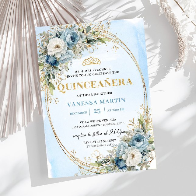 Elegant Pastel Blue Gold Eucalyptus Quinceañera Einladung (Elegant Pastel Blue Gold Eucalyptus Quinceañera)