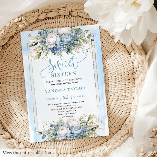 Elegant Pastel Blue White Gold Floral Sweet 16 Einladung (Elegant Pastel Blue White Gold Floral Sweet 16 Invitation)