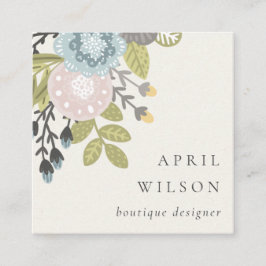 Elegant Pastel Boho Blush Blue Green Leafy Floral Quadratische Visitenkarte
