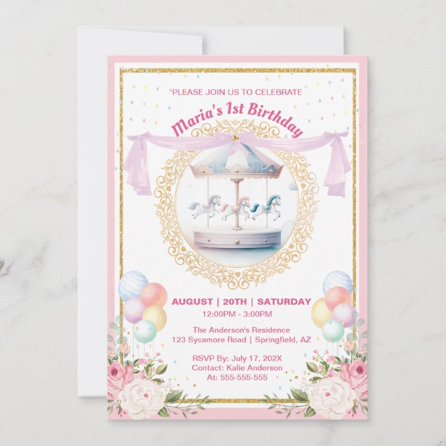 Elégant Pastel Carousel Première Invitation d'anni (Devant)