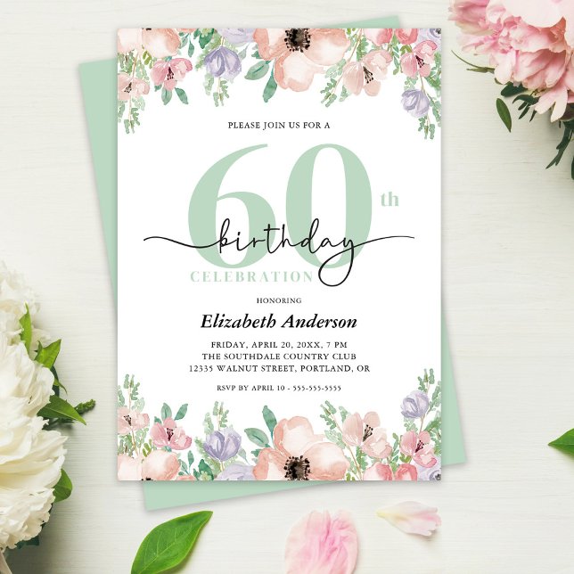 Elegant Pastel Floral 60th Birthday Party Einladung (Von Creator hochgeladen)
