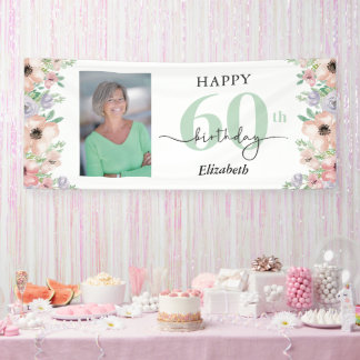 Elegant Pastel Floral 60th Birthday Party Photo  Banner