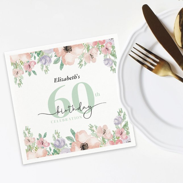 Elegant Pastel Floral 60th Birthday Party Serviette (Von Creator hochgeladen)