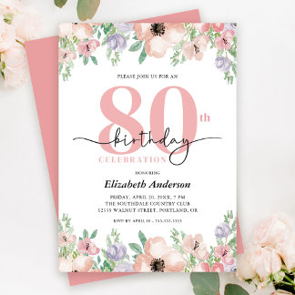 Elegant Pastel Floral 80. Geburtstagsparty Einladung