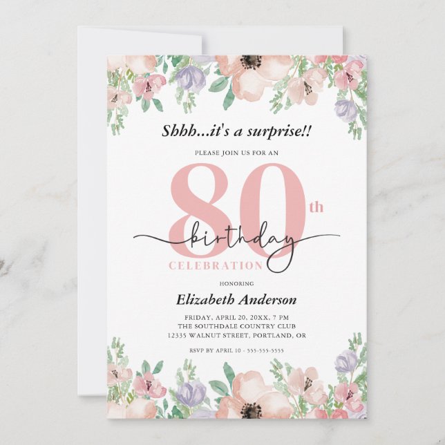 Elegant Pastel Floral Surprise 80th Birthday Party Einladung (Vorderseite)