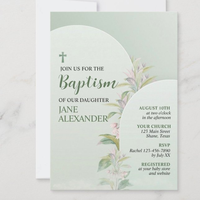 Elegant Pastel Green Floral Taufe Einladung (Von Creator hochgeladen)