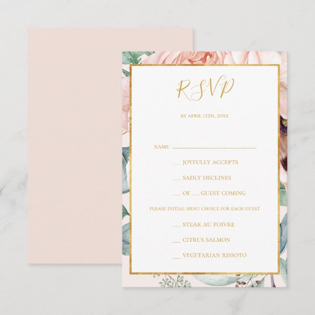Elégant Pastel Jardin Floral Menu Choice Carte RSV (Devant / Derrière)