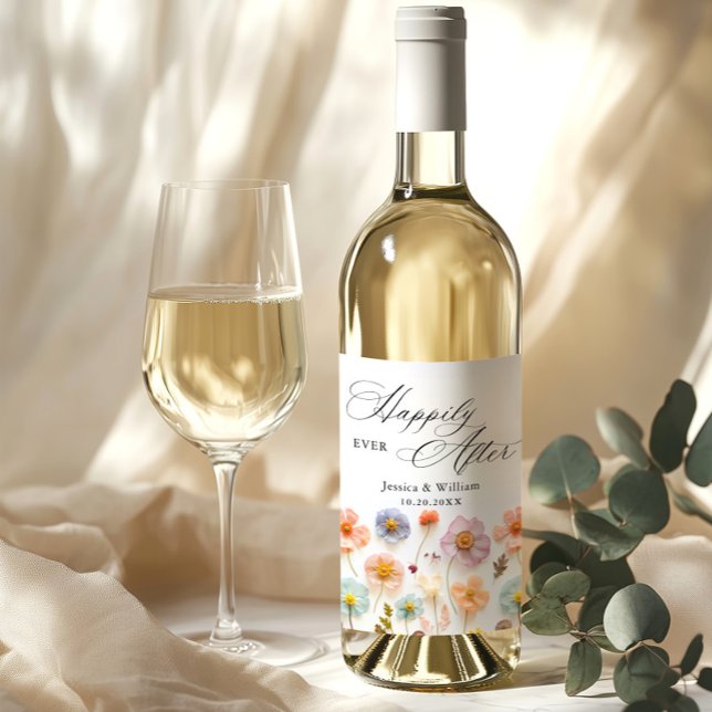 Elegant Pastel Pink Boho Wildblume Wedding Weinetikett (Von Creator hochgeladen)