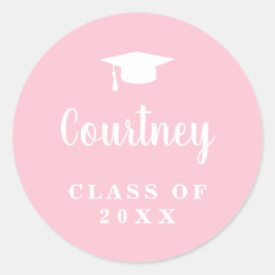 Elegant Pastel Pink Script Name Graduation Cap Runder Aufkleber