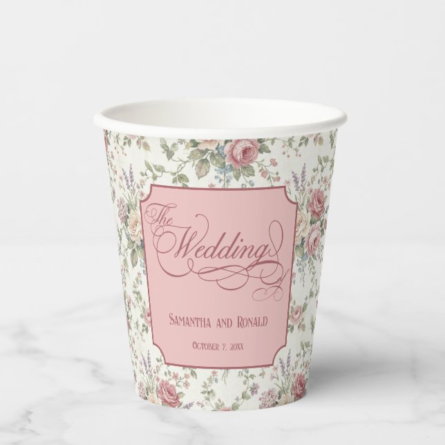 Elegant Pastel Roses Shabby Chic Wedding Pappbecher (Vorderseite)