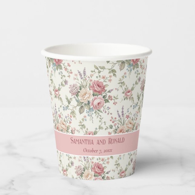 Elegant Pastel Roses Shabby Chic Wedding Pappbecher (Vorderseite)