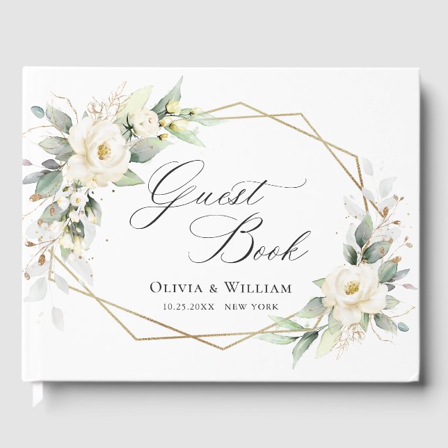 Elegant Pastel White Roses Eucalyptus Wedding Gästebuch (Vorderseite)