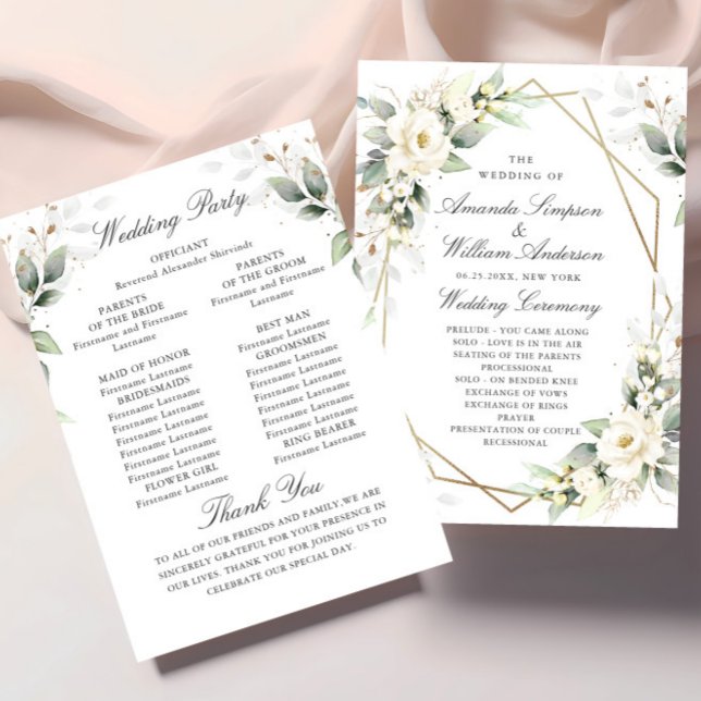 Elegant Pastel White Roses Eucalyptus Wedding Programm (Von Creator hochgeladen)