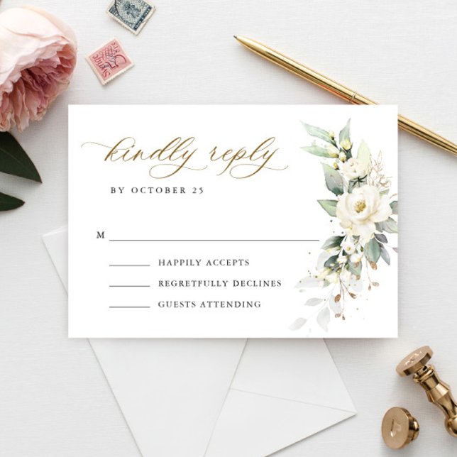 Elegant Pastel White Roses Eucalyptus Wedding RSVP Karte (Von Creator hochgeladen)