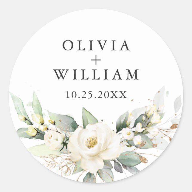 Elegant Pastel White Roses Eucalyptus Wedding Runder Aufkleber (Vorderseite)
