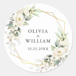 Elegant Pastel White Roses Eucalyptus Wedding Runder Aufkleber