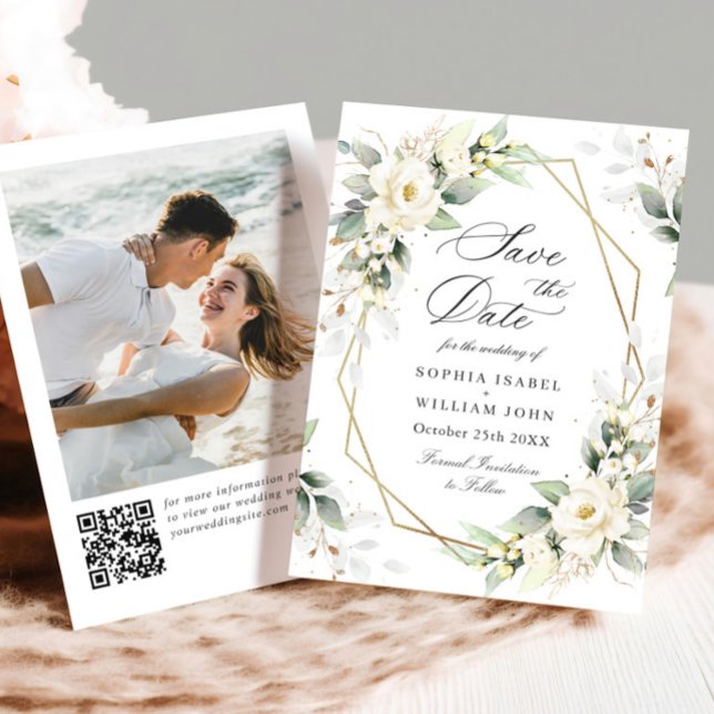 Elegant Pastel White Roses Eucalyptus Wedding Save The Date (Von Creator hochgeladen)