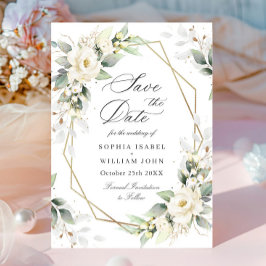 Elegant Pastel White Roses Eucalyptus Wedding Save The Date