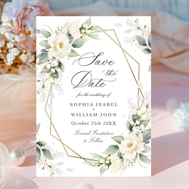 Elegant Pastel White Roses Eucalyptus Wedding Save The Date (Von Creator hochgeladen)