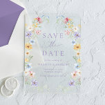 Elegant Pastel Wildflower Wedding Save the Date Acryleinladungen<br><div class="desc">Announce your wedding with this elegant pastel wildflower acrylic save the date featuring delicate watercolor floral arrangements bordering each side in soft shades of purple, pink, yellow, blue, and white with light greenery. The graceful botanical design pairs beautifully with lavender purple lettering that highlights your names, wedding date, and location....</div>