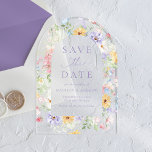 Elegant Pastel Wildflower Wedding Save the Date Acryleinladungen<br><div class="desc">Announce your wedding with this elegant pastel wildflower arch acrylic save the date featuring a romantic watercolor arch floral frame in soft shades of purple, pink, yellow, blue, and white with delicate greenery. The clear acrylic background gives the design a modern and refined look, while white lettering highlights your names,...</div>