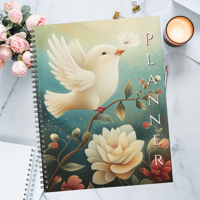 Elegant Peaceful White Dove & Floral  (Monthly undated planner with calming botanical artwork, office supplies that inspire serenity.)