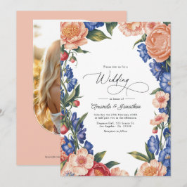Elegant Peach and Blue Floral Wedding QR Code Einladung
