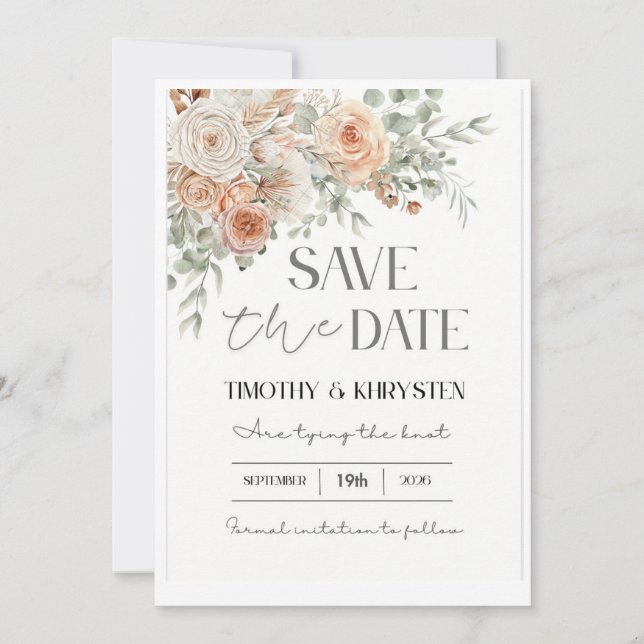 Elegant Peach and Green Save the Date Invitation (Devant)