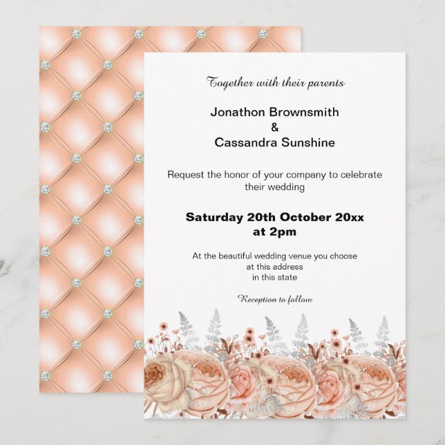ELEGANT PEACH APRICOT FLORAL DIAMOND WEDD EINLADUNG (Vorne/Hinten)