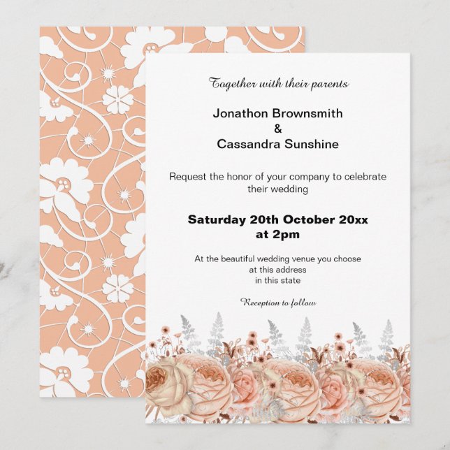 ELEGANT PEACH APRICOT LACE FLORAL DIAMOND WEDD EINLADUNG (Vorne/Hinten)