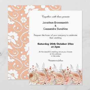 ELEGANT PEACH APRICOT LACE FLORAL DIAMOND WEDD EINLADUNG